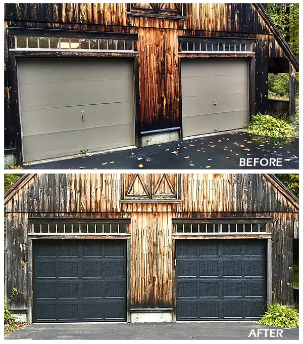 Before and after: two flat taupe doors in a weathered barn, then two charcoal raised-panel doors