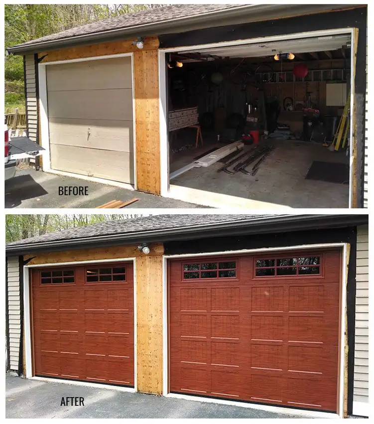 Before and after: one old door and one open bay, then two woodgrain doors with window lites