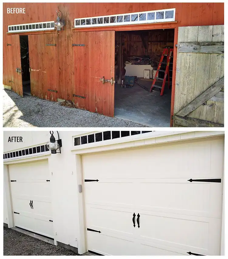 Before and after: red swing-out barn doors, then two cream carriage-style sectional doors
